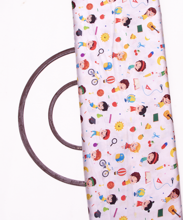 White Colour Kids Print Satin Fabric